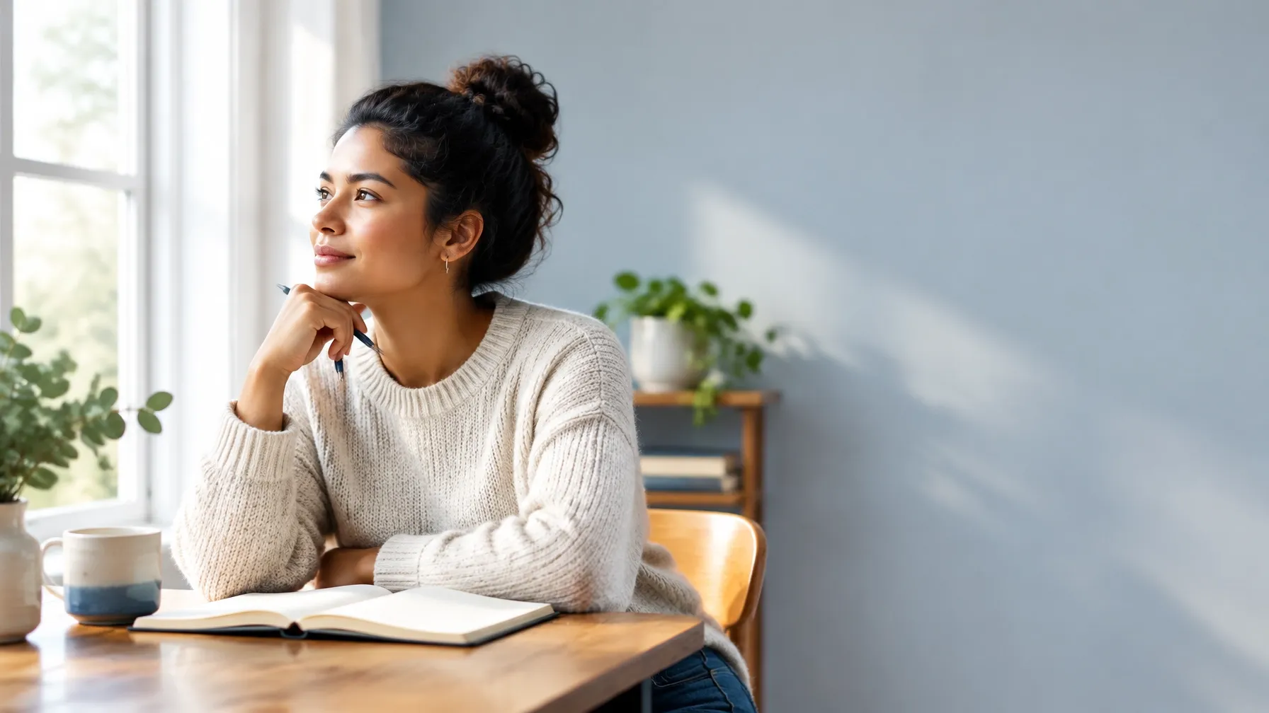 Quiet reflective study space with a person near a window