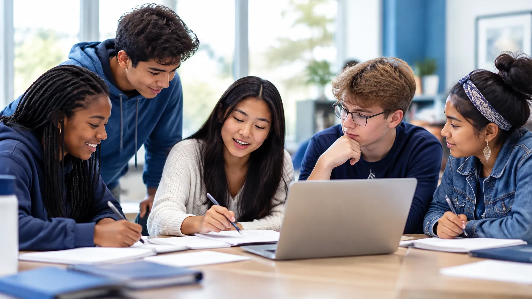 Diverse high-school learners collaborating on schoolwork