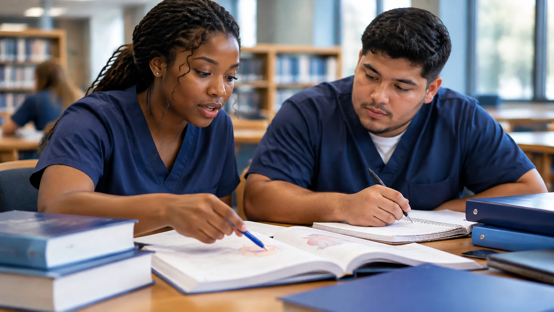 Nursing learners studying together with notes and textbooks