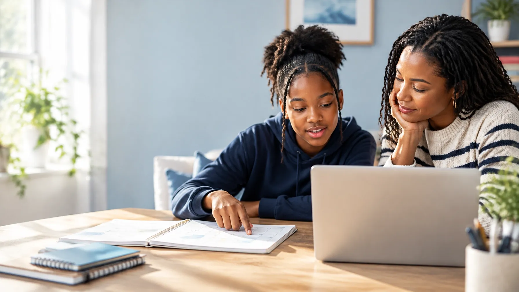 A parent and middle-school learner reviewing a plan together on a laptop