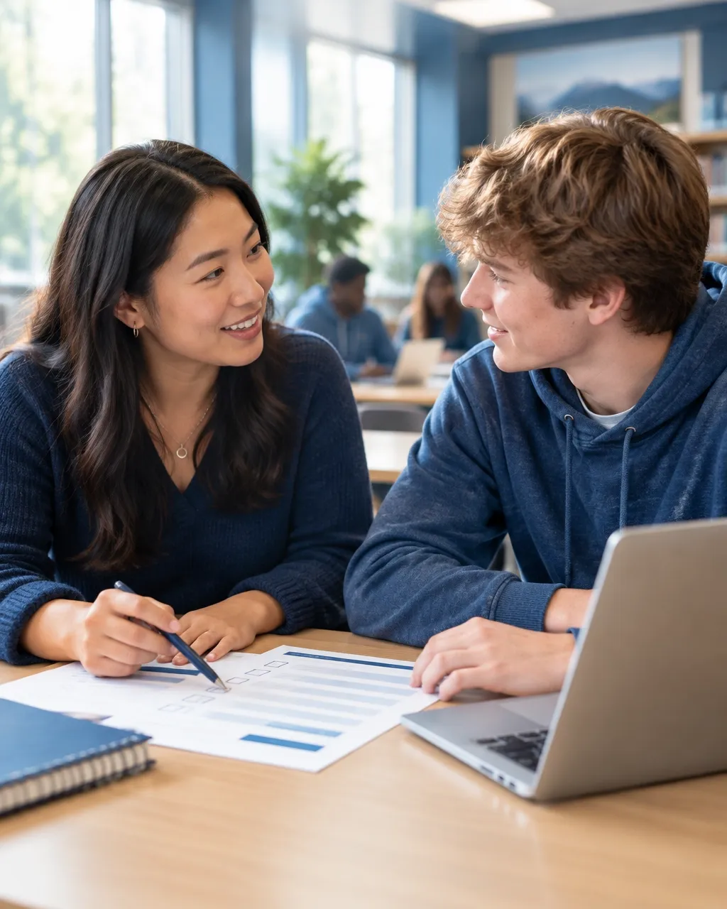 Two learners discussing a pathway plan together at a table