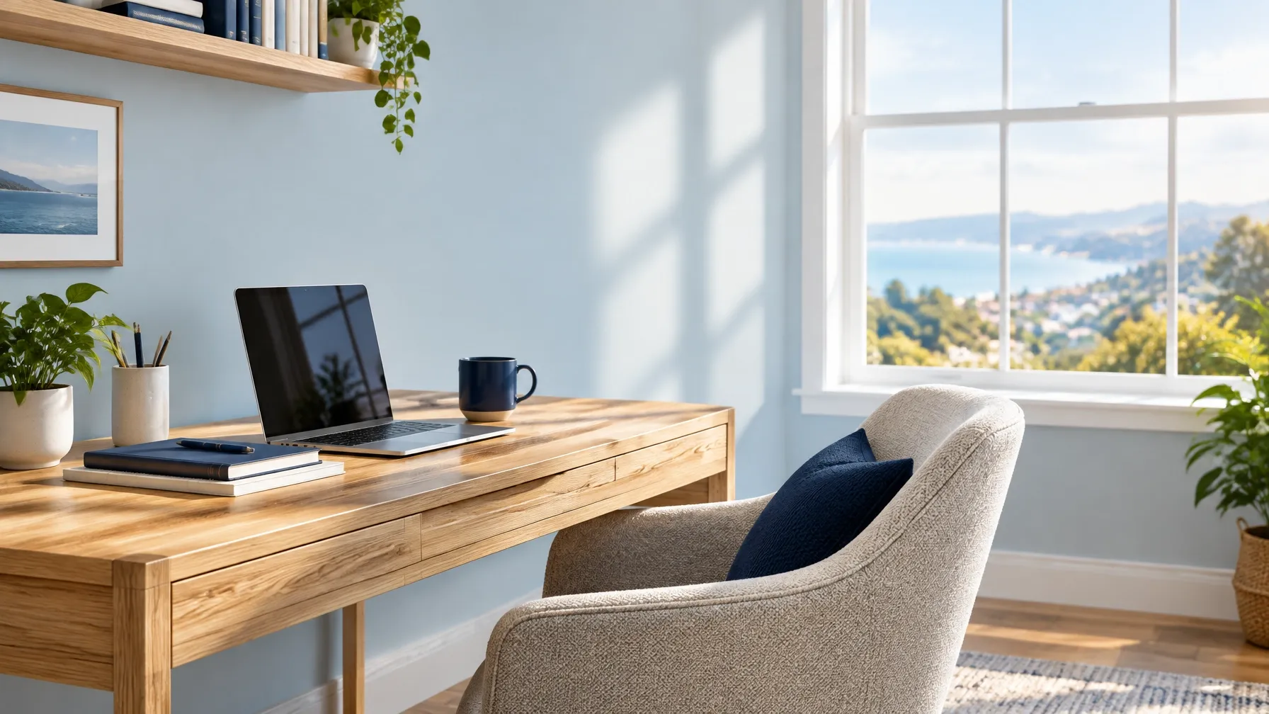 Calm individual study space with laptop and notebooks